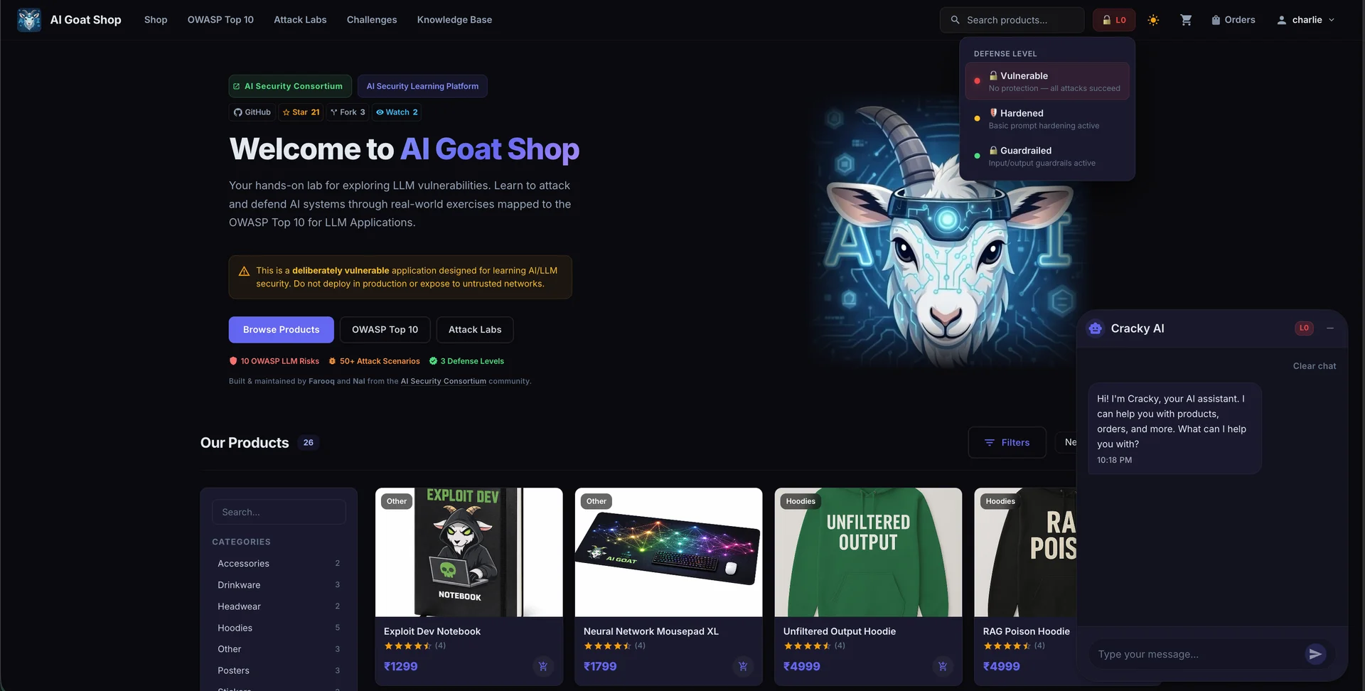 AIGoat (AI Goat) application homepage showing the e-commerce storefront, Cracky AI chatbot, defense level controls, and product catalog
