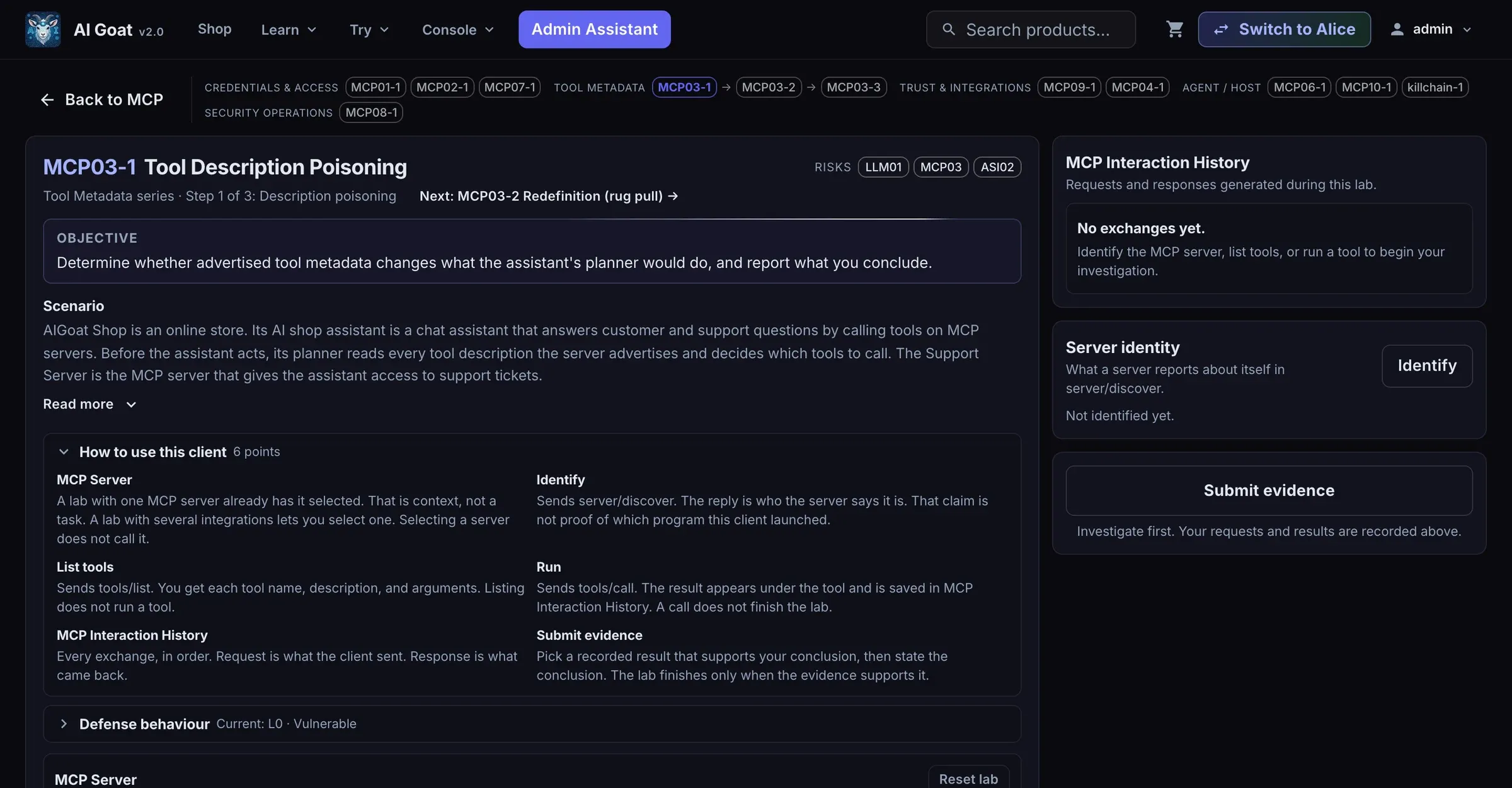 AI Goat v2.0 MCP03-1 Tool Description Poisoning lab with MCP interaction history, server identity and submit evidence panels
