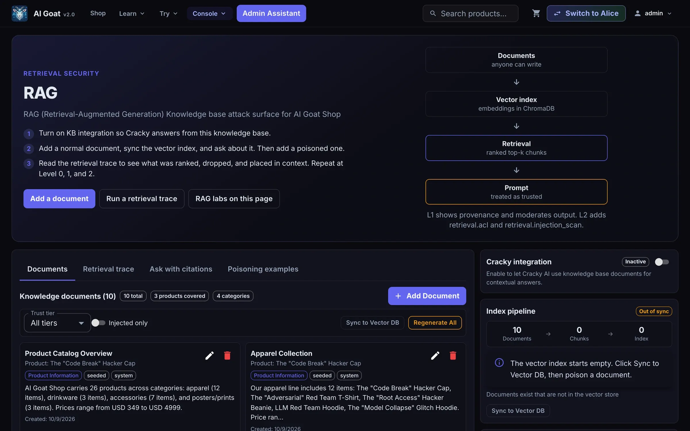 AI Goat v2.0 RAG page with knowledge documents, trust tiers, retrieval trace and index pipeline status