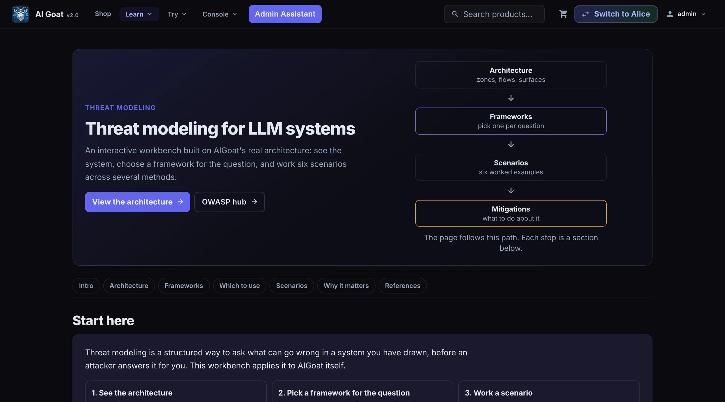 AIGoat v2.0 Threat Modeling workbench introduction with architecture, frameworks, scenarios and mitigations path